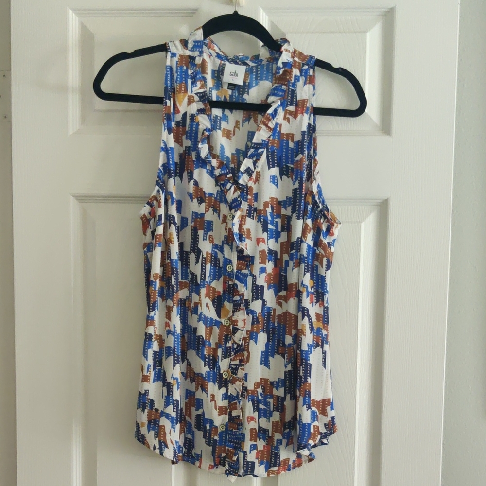 CAbi Blue and White Graphic Sleeveless Top Size L